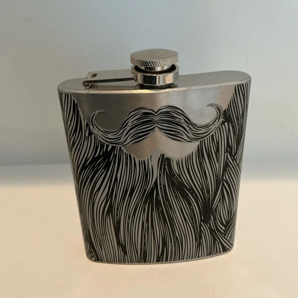 Silver & Black Metal Hip Flask 7 Oz Screw Cap Mustache Beard Novelty NWOT